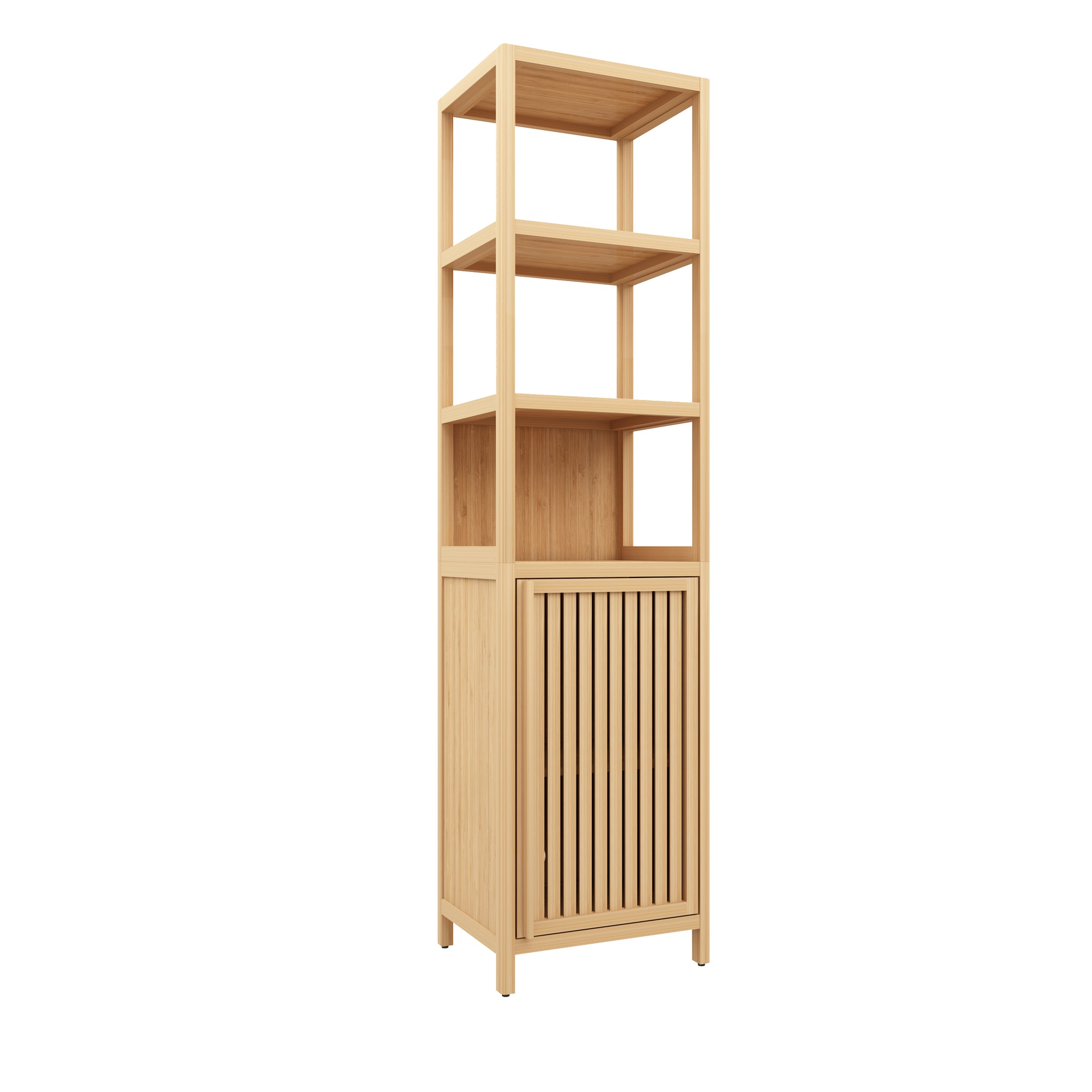 Tall Slim Bamboo Storage Cabinet with Shutter Door and 3 Tier Shelves Freestanding Linen Tower for Bathroom Kitchen and Living Room Natural