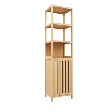 Tall Slim Bamboo Storage Cabinet with Shutter Door and 3 Tier Shelves Freestanding Linen Tower for Bathroom Kitchen and Living Room Natural