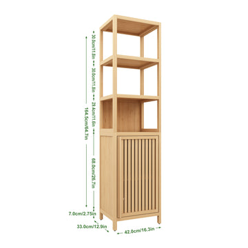Tall Slim Bamboo Storage Cabinet with Shutter Door and 3 Tier Shelves Freestanding Linen Tower for Bathroom Kitchen and Living Room Natural