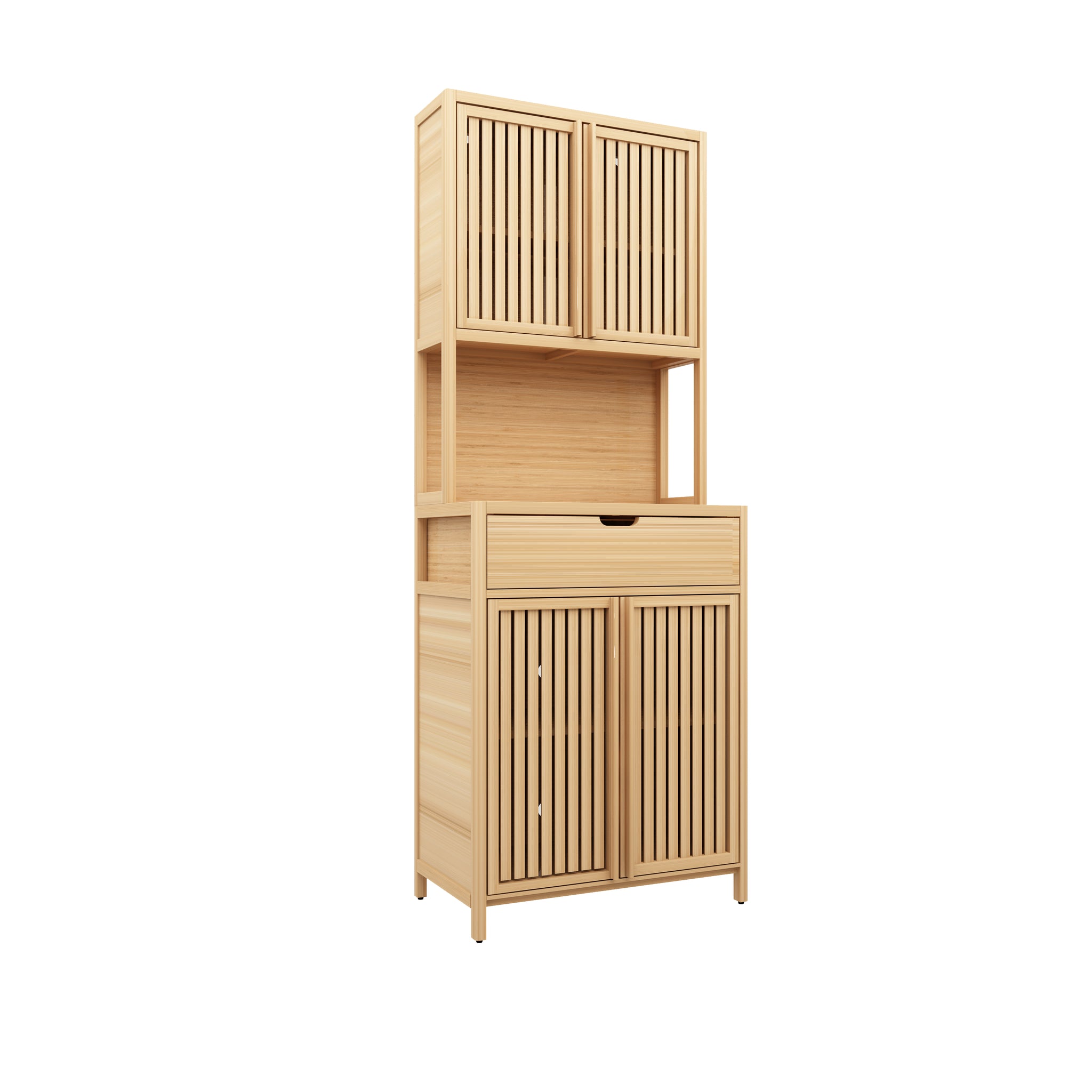 72 Inch Tall Bamboo Storage Cabinet with Double Doors Natural Wood Look Large Capacity Organizer with Drawers for Living Dining and Bedroom