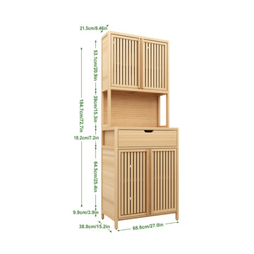 72 Inch Tall Bamboo Storage Cabinet with Double Doors Natural Wood Look Large Capacity Organizer with Drawers for Living Dining and Bedroom