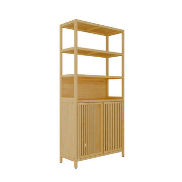 64 Inch Tall Bamboo Storage Cabinet with Double Doors Multi Scene Use Organizer with Drawers and Adjustable Shelves Natural