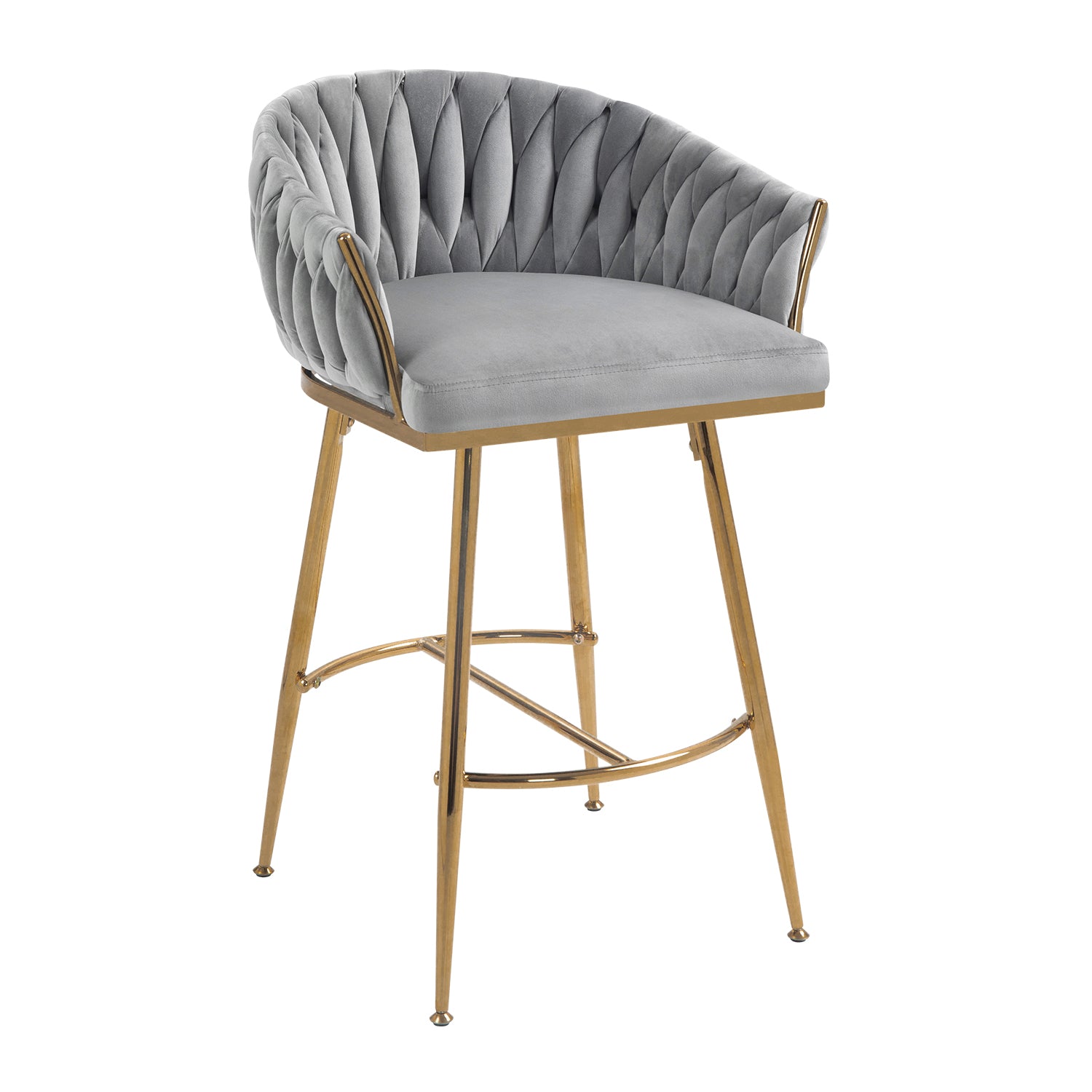 26 Inch Velvet Counter Height Bar Stool with Hand Wave Back and Golden Base for Kitchen Island Grey