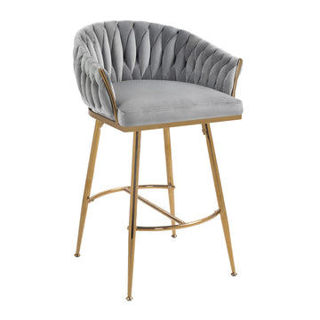 26 Inch Velvet Counter Height Bar Stool with Hand Wave Back and Golden Base for Kitchen Island Grey