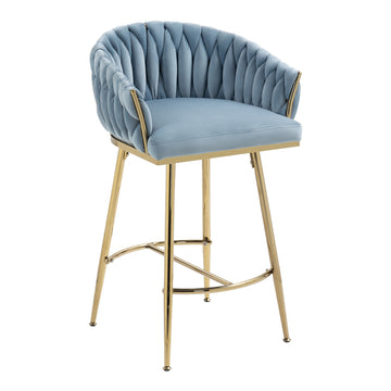 26 Inch Velvet Counter Height Bar Stool with Hand Wave Back and Golden Base for Kitchen Island Blue