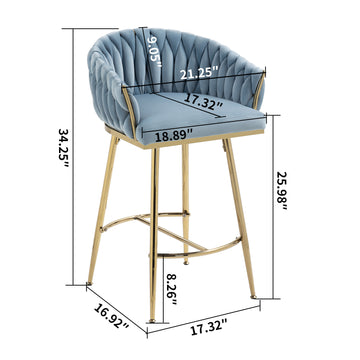 26 Inch Velvet Counter Height Bar Stool with Hand Wave Back and Golden Base for Kitchen Island Blue