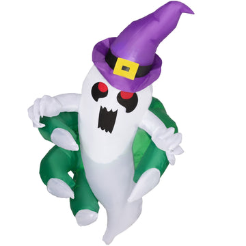 4ft Halloween Inflatable Window Ghost with Purple Hat Lighted Waterproof Decoration with LED Lights