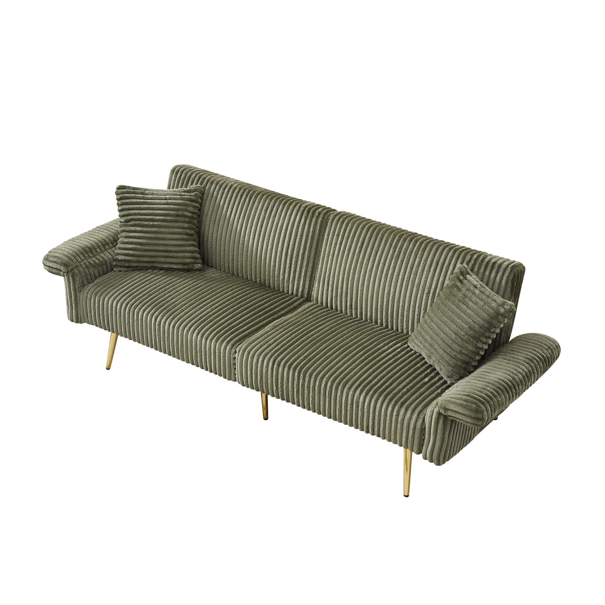 79 Inch Green Corduroy Foldable Sofa Bed with Adjustable Armrests for Living Room and Small Spaces