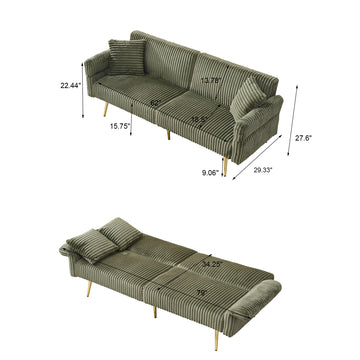 79 Inch Green Corduroy Foldable Sofa Bed with Adjustable Armrests for Living Room and Small Spaces