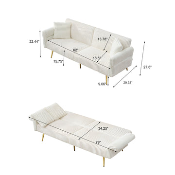 79 Inch White Corduroy Foldable Sofa Bed with Adjustable Armrests for Living Room and Small Spaces
