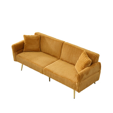 79 Inch Yellow Corduroy Foldable Sofa Bed with Adjustable Armrests for Living Room and Small Spaces