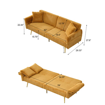 79 Inch Yellow Corduroy Foldable Sofa Bed with Adjustable Armrests for Living Room and Small Spaces