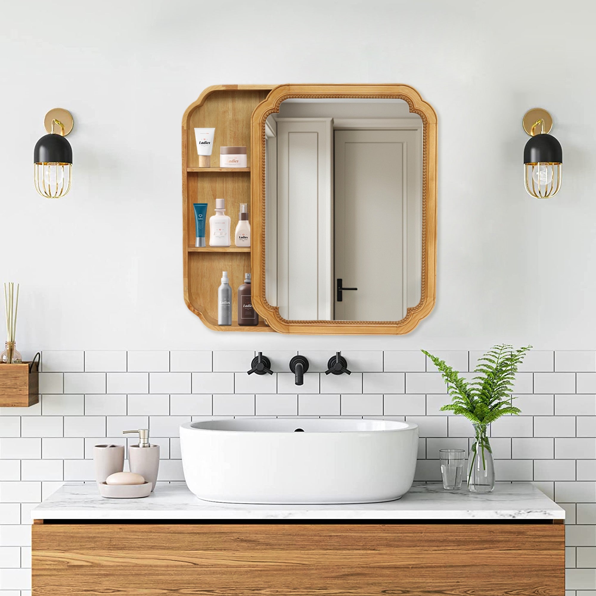 33.46 Inch x 22.24 Inch Irregular Shaped Wall Mirror with Natural Wood Frame