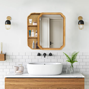 33.46 Inch x 22.24 Inch Irregular Shaped Wall Mirror with Natural Wood Frame