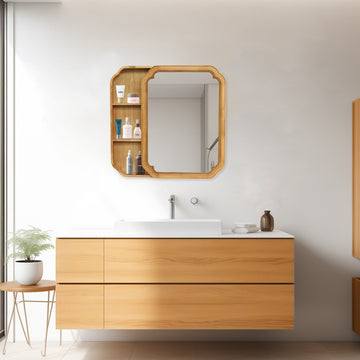 33.46 Inch x 22.24 Inch Irregular Shaped Wall Mirror with Natural Wood Frame