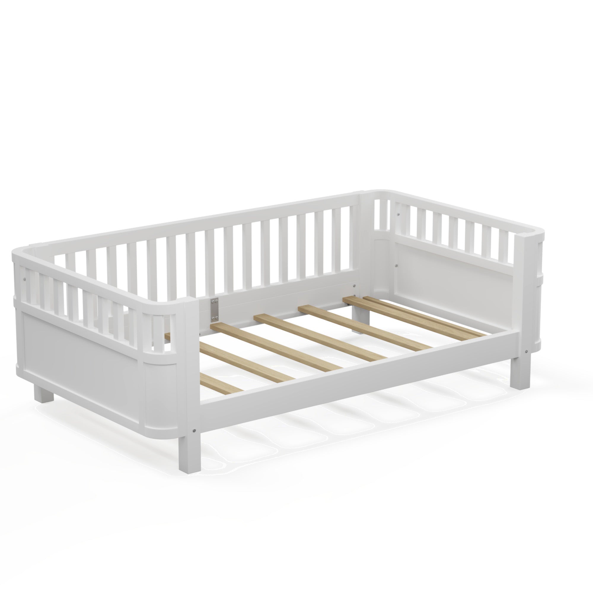 Twin Size Wood Platform Bed for Kids with Low Profile and Safety Rails, White (Patented Design)
