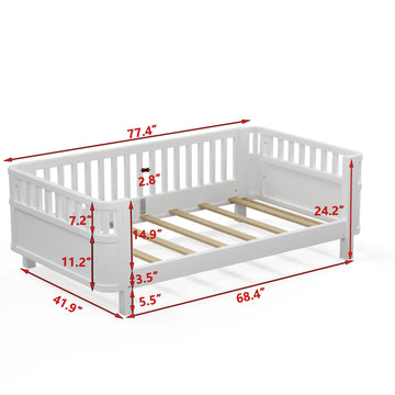 Twin Size Wood Platform Bed for Kids with Low Profile and Safety Rails, White (Patented Design)
