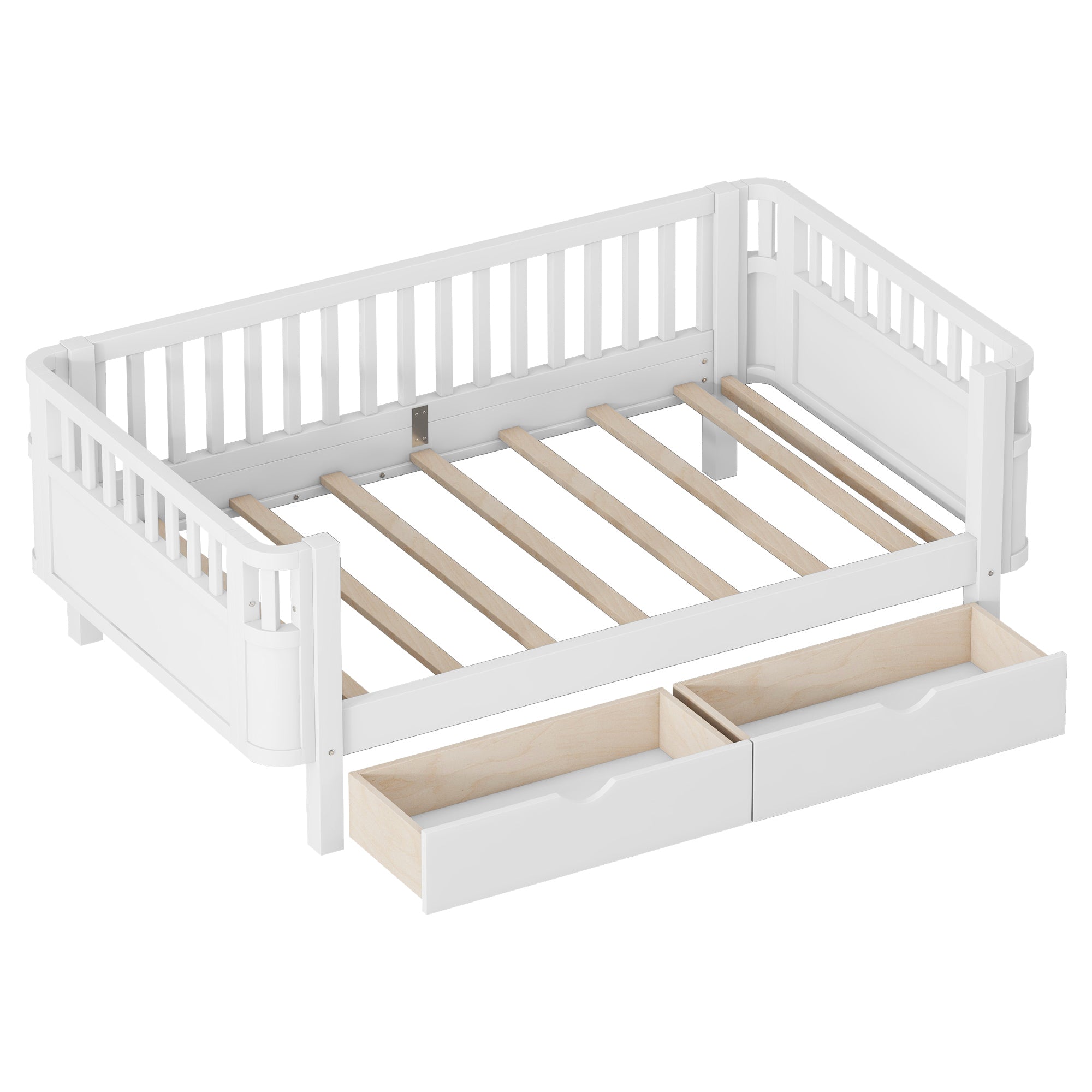 Twin Size Wood Platform Bed for Kids with Low Profile, Safety Rails & 2 Wheeled Storage Drawers, White (Patented Design)