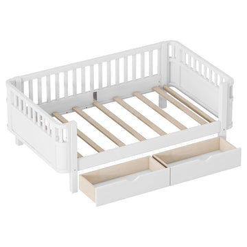 Twin Size Wood Platform Bed for Kids with Low Profile, Safety Rails & 2 Wheeled Storage Drawers, White (Patented Design)