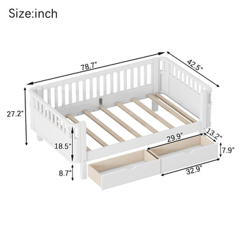 Twin Size Wood Platform Bed for Kids with Low Profile, Safety Rails & 2 Wheeled Storage Drawers, White (Patented Design)