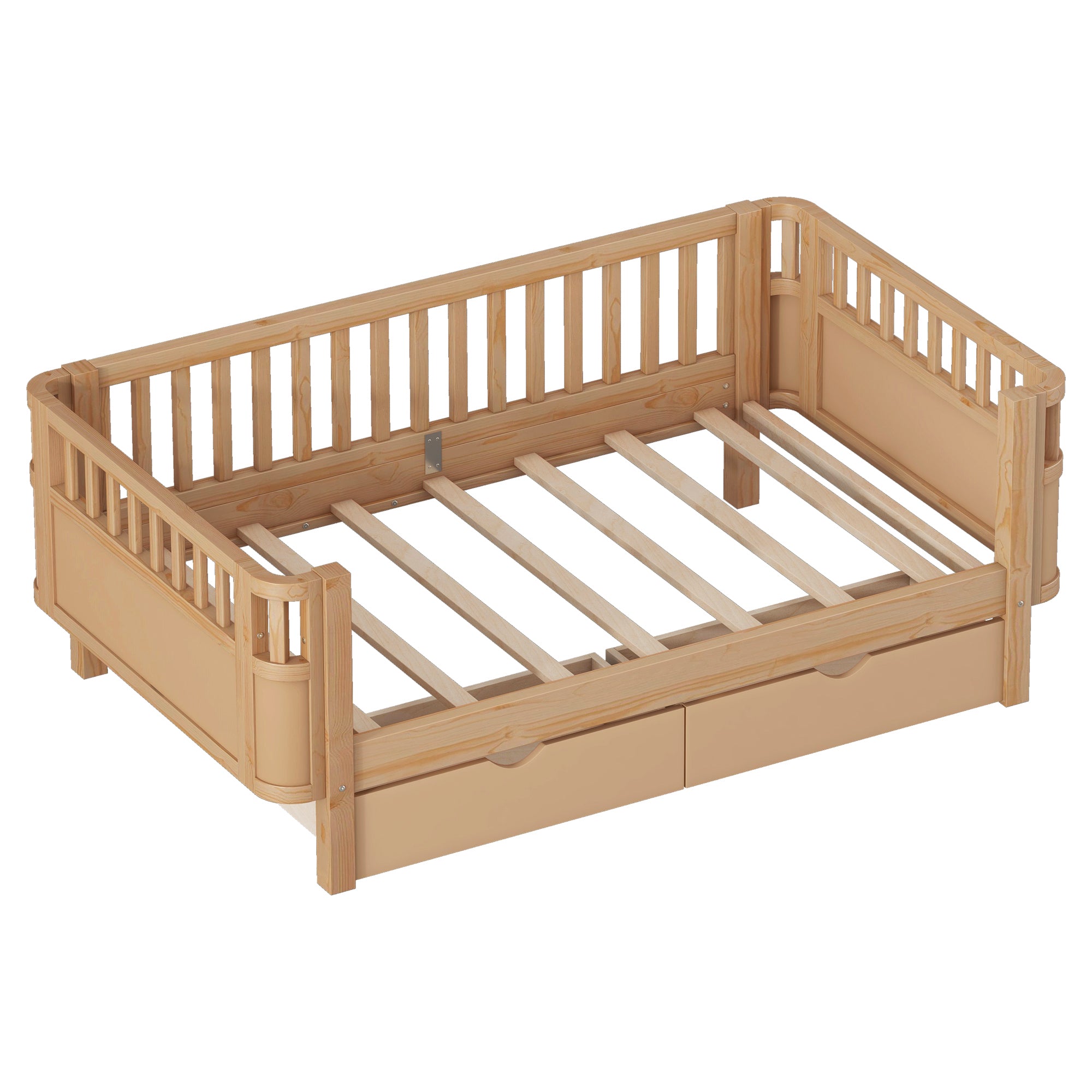 Twin Size Wood Platform Bed for Kids, Low Profile with Rails & 2 Storage Drawers, Natural (Patented Design)