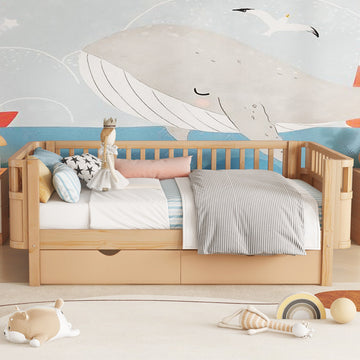 Twin Size Wood Platform Bed for Kids, Low Profile with Rails & 2 Storage Drawers, Natural (Patented Design)