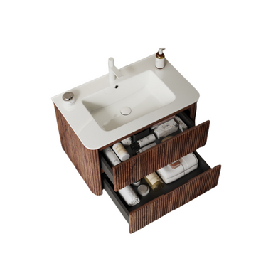 30 Bathroom Vanity with Sink Wall Mounted Floating Plywood Cabinet 2 Drawers White Ceramic Basin Retro Walnut