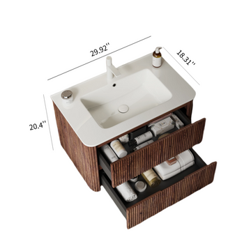 30 Bathroom Vanity with Sink Wall Mounted Floating Plywood Cabinet 2 Drawers White Ceramic Basin Retro Walnut
