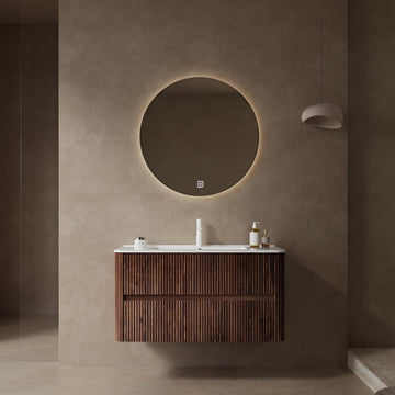 36 Bathroom Vanity with Sink Wall Mounted Floating Plywood Cabinet 2 Drawers White Ceramic Basin Retro Walnut
