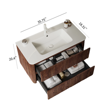 36 Bathroom Vanity with Sink Wall Mounted Floating Plywood Cabinet 2 Drawers White Ceramic Basin Retro Walnut