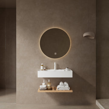 30 Bathroom Vanity with Vessel Sink Wall Mounted Floating White Rectangular Acrylic Integrated Basin Striped Shelves Natural Woodgrain