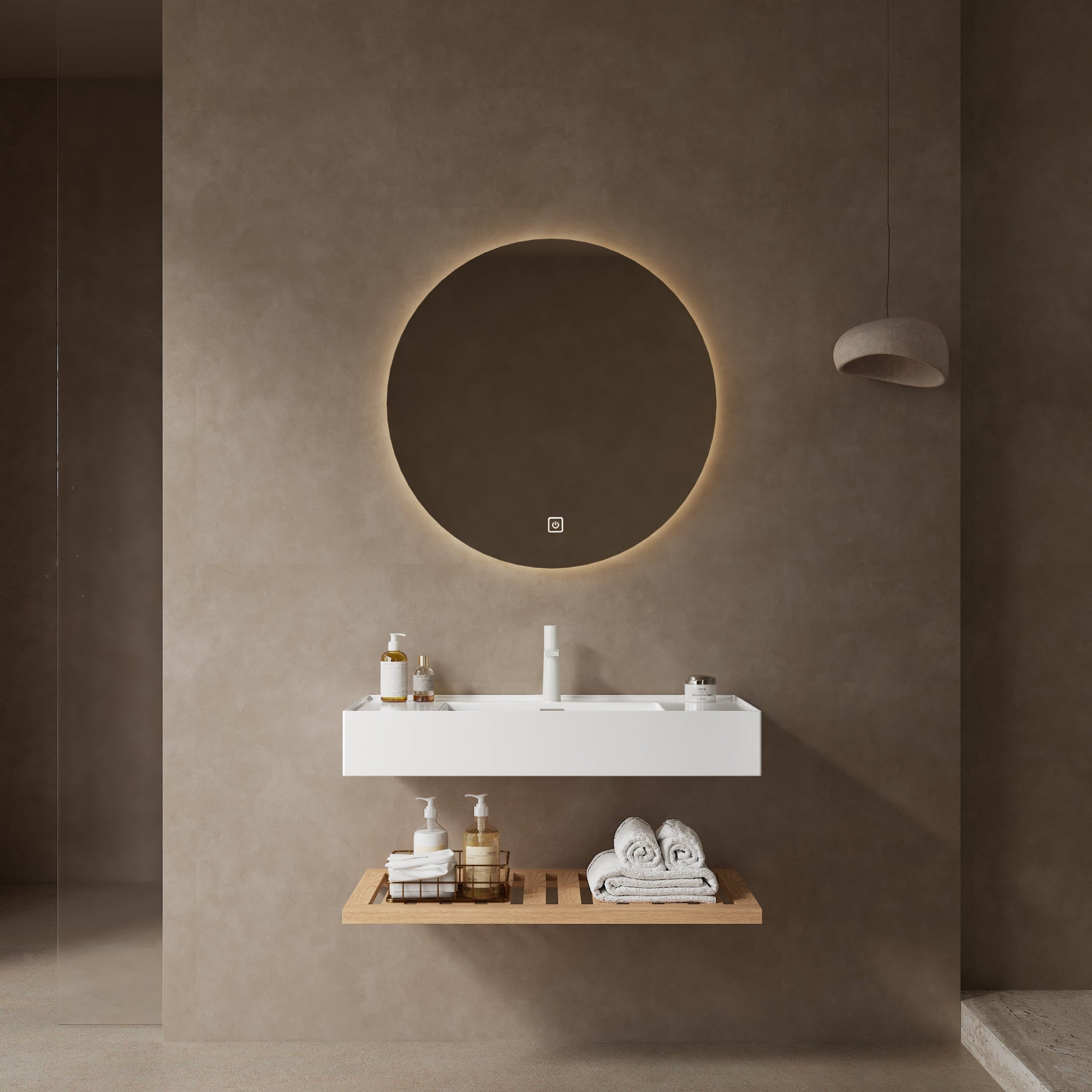 36 Bathroom Vanity with Vessel Sink Wall Mounted Floating White Rectangular Acrylic Integrated Basin Striped Shelves Natural Woodgrain