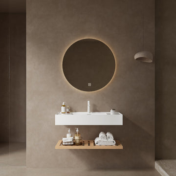 36 Bathroom Vanity with Vessel Sink Wall Mounted Floating White Rectangular Acrylic Integrated Basin Striped Shelves Natural Woodgrain