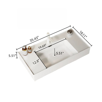 36 Bathroom Vanity with Vessel Sink Wall Mounted Floating White Rectangular Acrylic Integrated Basin Striped Shelves Natural Woodgrain
