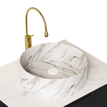 14 Inch Bathroom Sink Round Vessel Ceramic Basin Stone Pattern No Faucet No Cabinet Glossy White