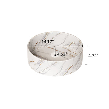 14 Inch Bathroom Sink Round Vessel Ceramic Basin Stone Pattern No Faucet No Cabinet Glossy White