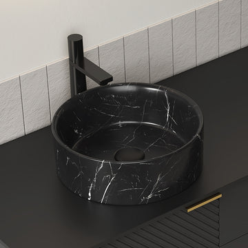 14 Inch Bathroom Sink Round Ceramic Basin Stone Pattern No Faucet No Cabinet Matte Black