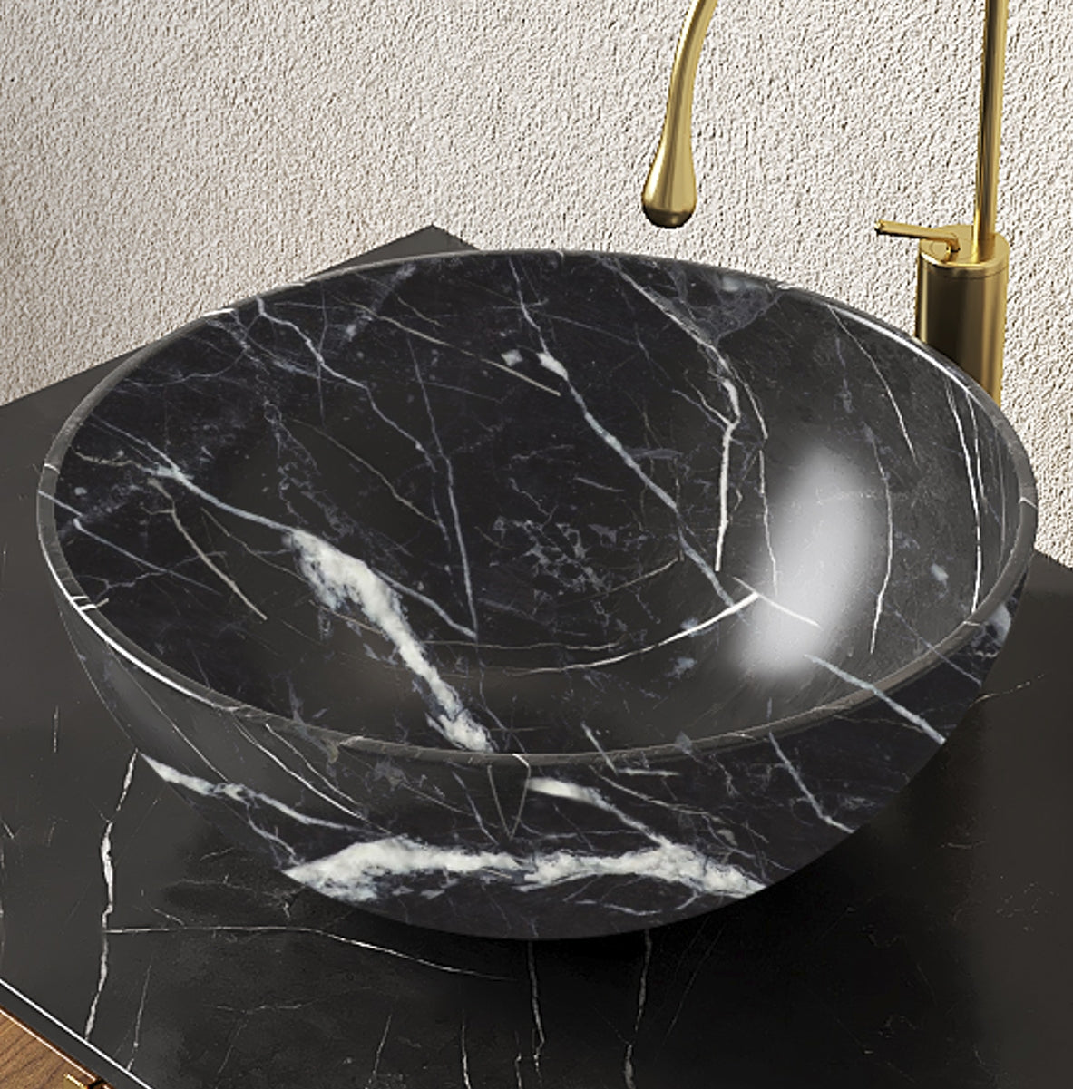 14 Inch Bathroom Sink Bowl Ceramic Basin Stone Pattern No Faucet Matte Black