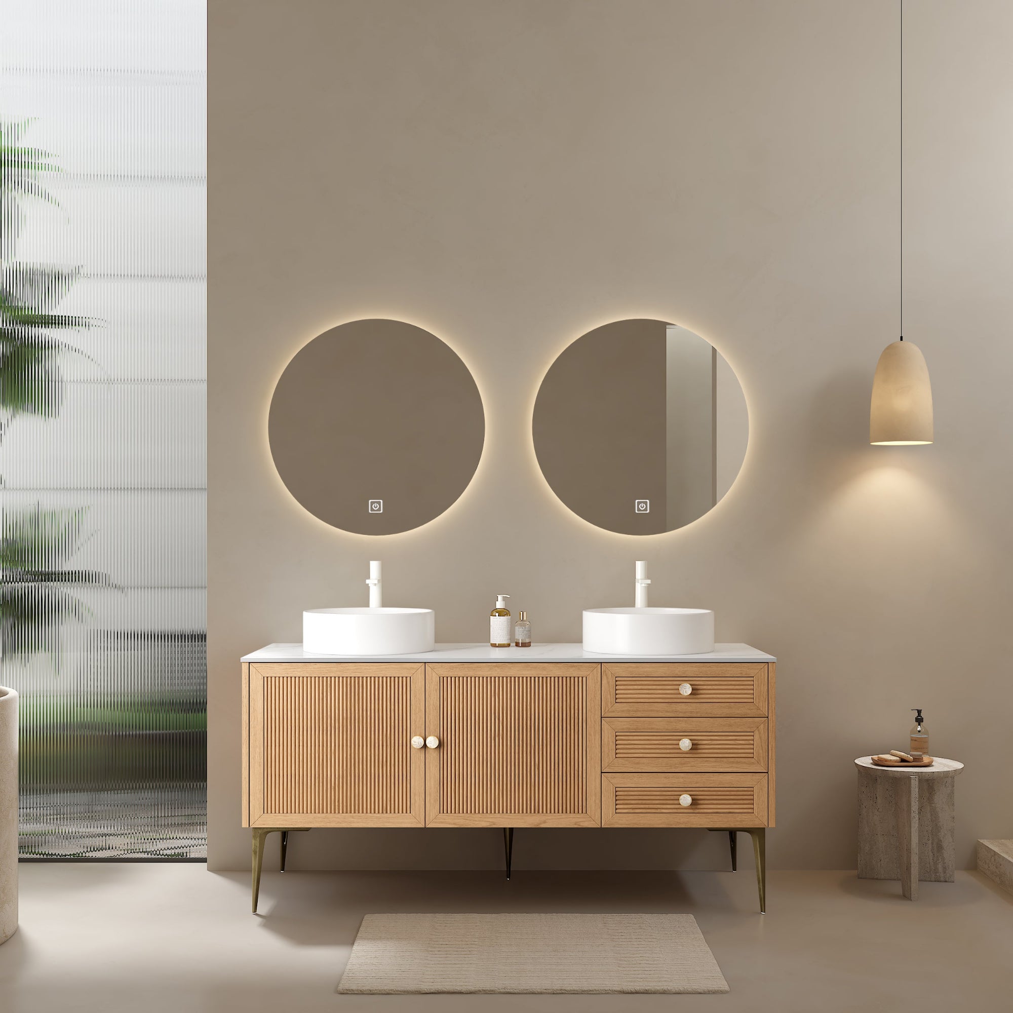 60 Bathroom Vanity with 2 Sinks Freestanding Plywood Cabinet 3 Drawers 2 Doors White Ceramic Basin Oak