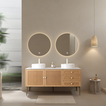 60 Bathroom Vanity with 2 Sinks Freestanding Plywood Cabinet 3 Drawers 2 Doors White Ceramic Basin Oak
