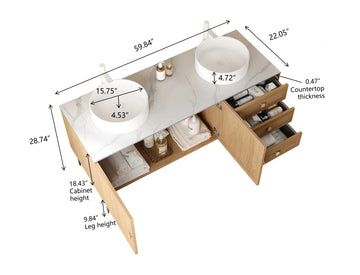 60 Bathroom Vanity with 2 Sinks Freestanding Plywood Cabinet 3 Drawers 2 Doors White Ceramic Basin Oak