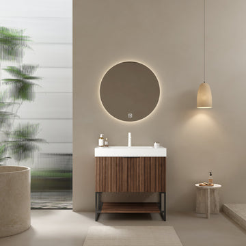 30 Bathroom Vanity with Sink Freestanding Plywood Striped Storage Cabinet Drawer Open Shelf Rectangular Integrated Basin Retro Walnut