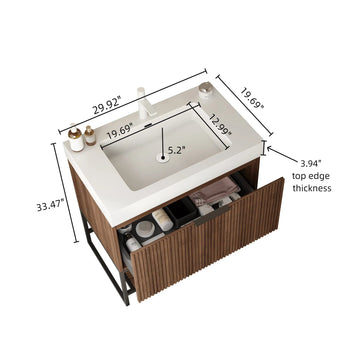 30 Bathroom Vanity with Sink Freestanding Plywood Striped Storage Cabinet Drawer Open Shelf Rectangular Integrated Basin Retro Walnut