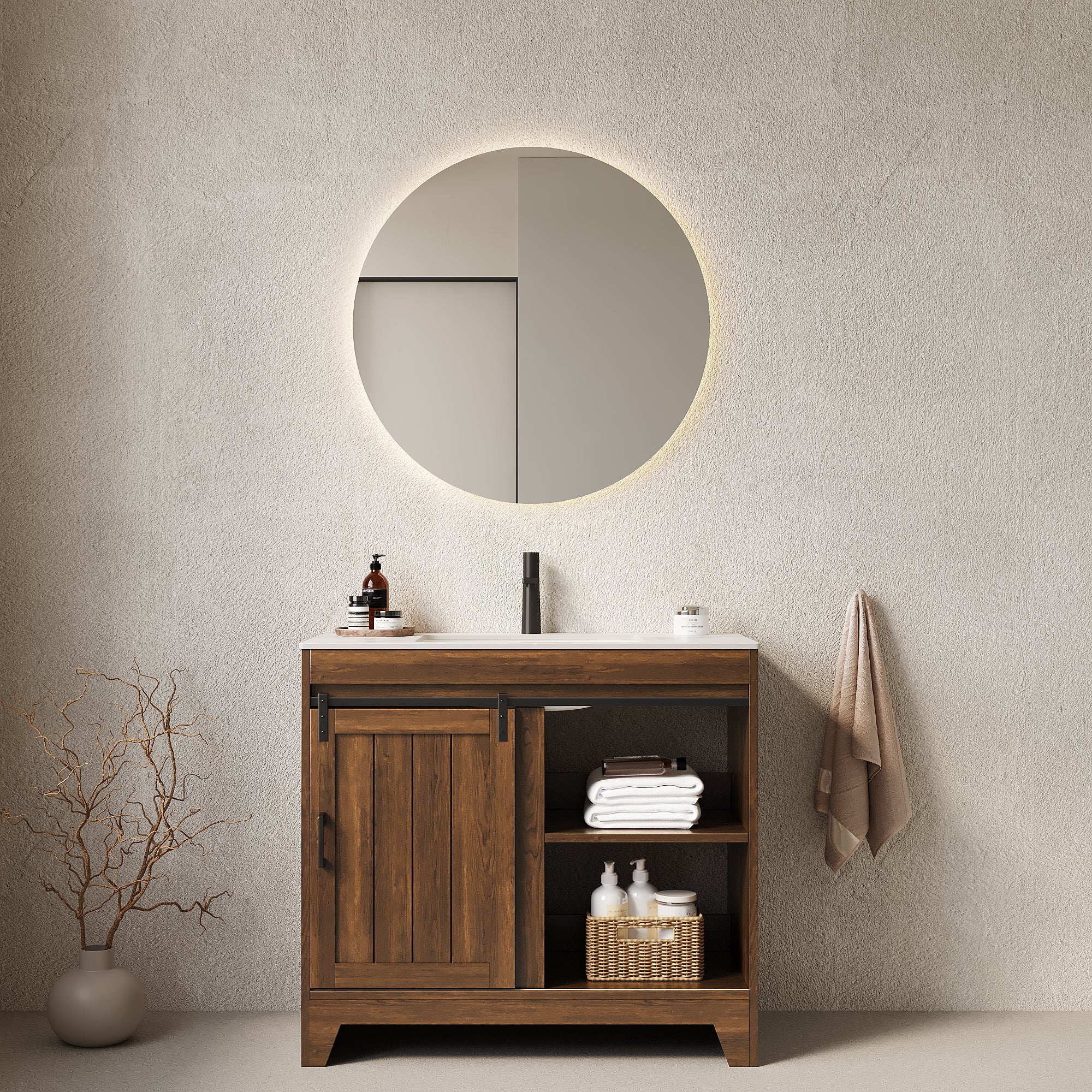 36 Bathroom Vanity with Sink Freestanding Farmhouse Style Cabinet Sliding Barn Door Shelves Sintered Stone Countertop Ceramic Basin Dark Walnut