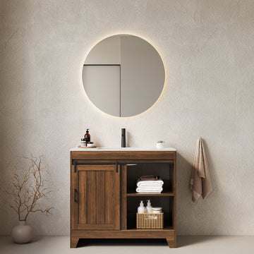 36 Bathroom Vanity with Sink Freestanding Farmhouse Style Cabinet Sliding Barn Door Shelves Sintered Stone Countertop Ceramic Basin Dark Walnut
