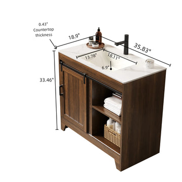 36 Bathroom Vanity with Sink Freestanding Farmhouse Style Cabinet Sliding Barn Door Shelves Sintered Stone Countertop Ceramic Basin Dark Walnut