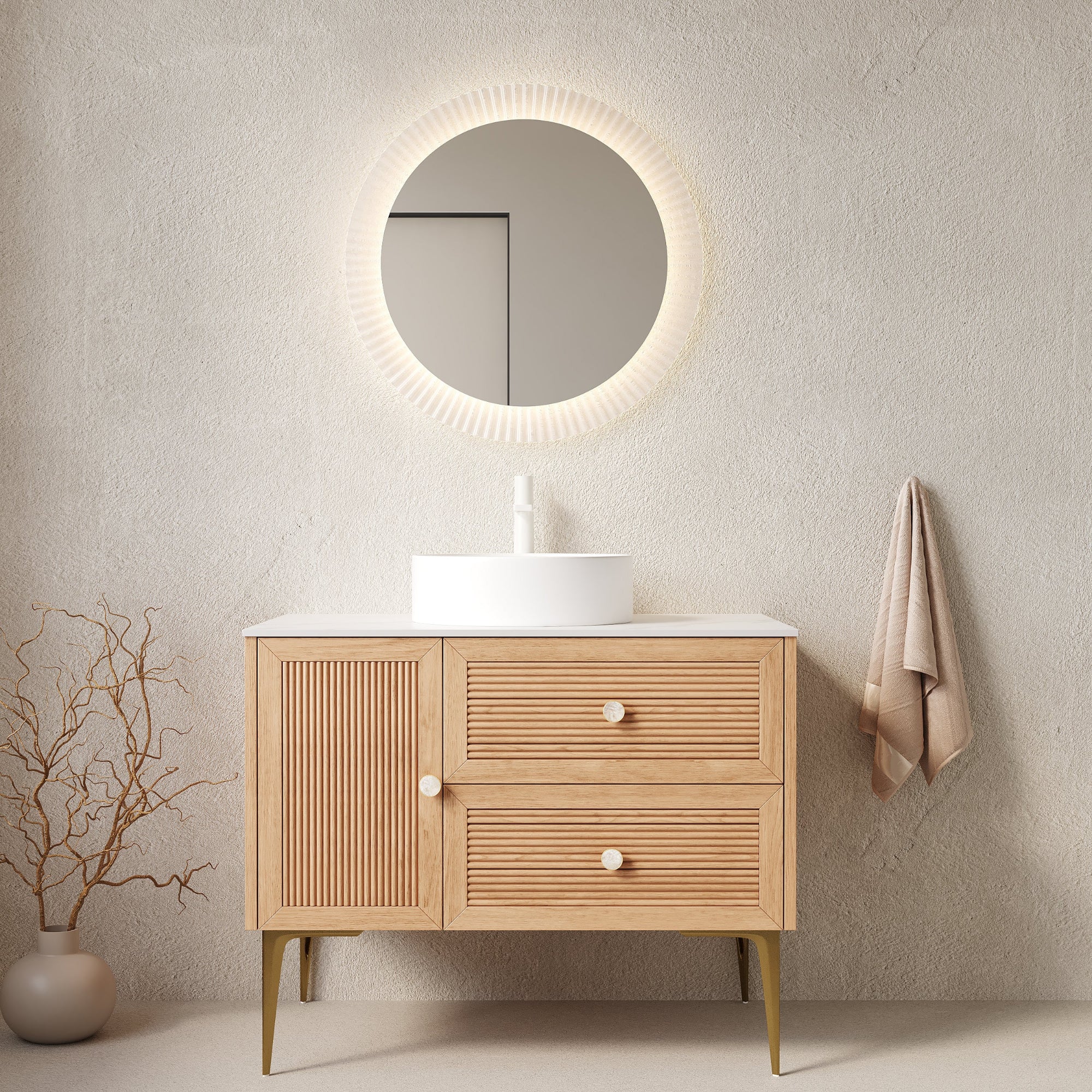 36 Bathroom Vanity with Sink Freestanding Plywood Cabinet 4 Metal Legs Door 2 Drawers White Ceramic Basin Oak