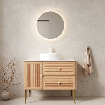 36 Bathroom Vanity with Sink Freestanding Plywood Cabinet 4 Metal Legs Door 2 Drawers White Ceramic Basin Oak