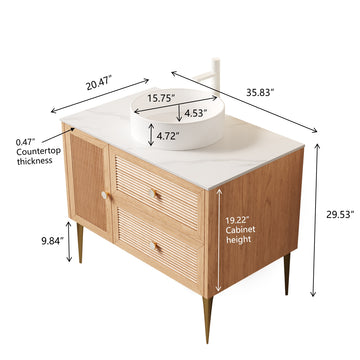 36 Bathroom Vanity with Sink Freestanding Plywood Cabinet 4 Metal Legs Door 2 Drawers White Ceramic Basin Oak