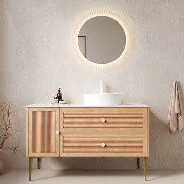 48 Bathroom Vanity with Sink Freestanding Plywood Cabinet 4 Metal Legs One Door 2 Drawers White Ceramic Basin Oak
